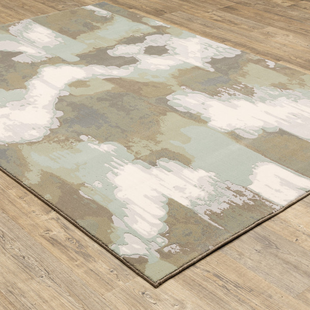 10' X 13' Sage Grey And Brown Abstract Power Loom Stain Resistant Area Rug