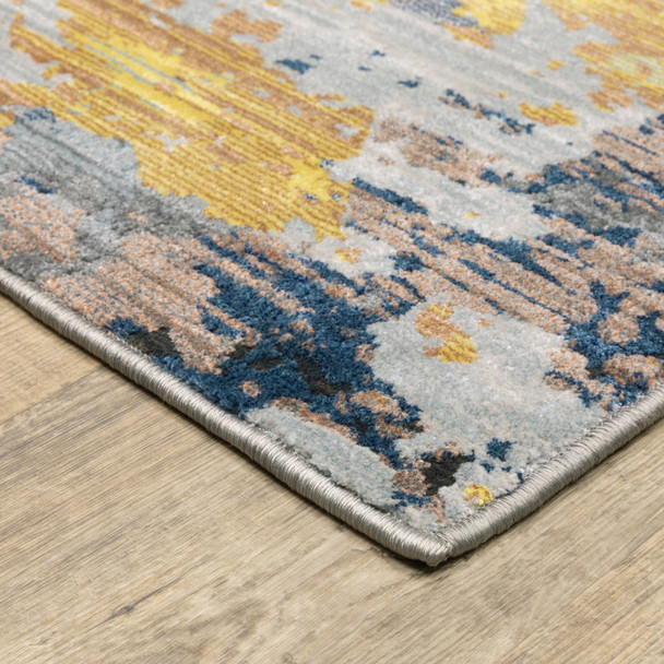 10' X 13' Yellow Gold Blue Grey Brown And Beige Abstract Power Loom Stain Resistant Area Rug