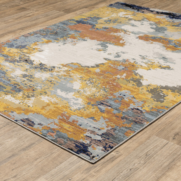 10' X 13' Yellow Gold Blue Grey Brown And Beige Abstract Power Loom Stain Resistant Area Rug