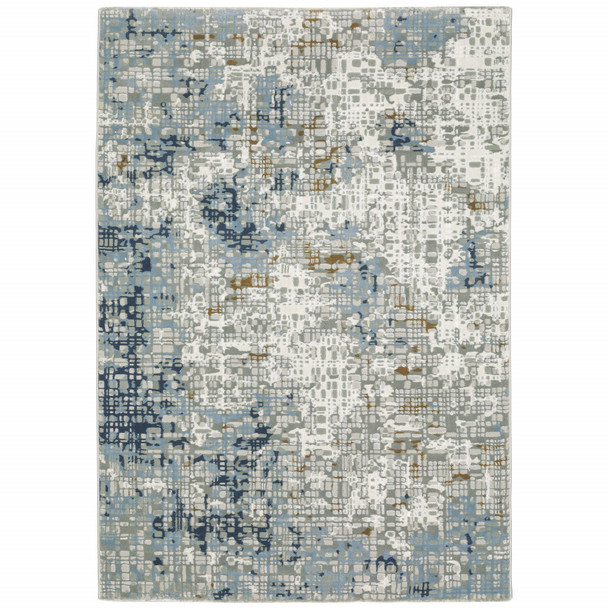 10' X 13' Blue Ivory Grey Brown Beige And Light Blue Abstract Power Loom Stain Resistant Area Rug