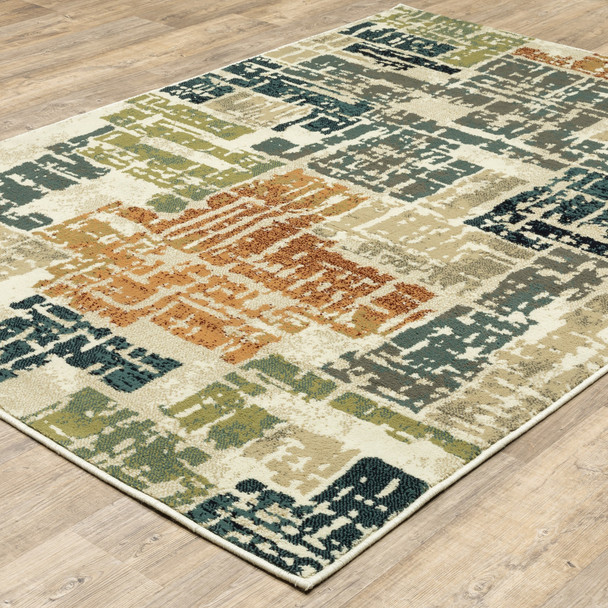 6' X 9' Beige Terracotta Green Navy And Grey Abstract Power Loom Stain Resistant Area Rug