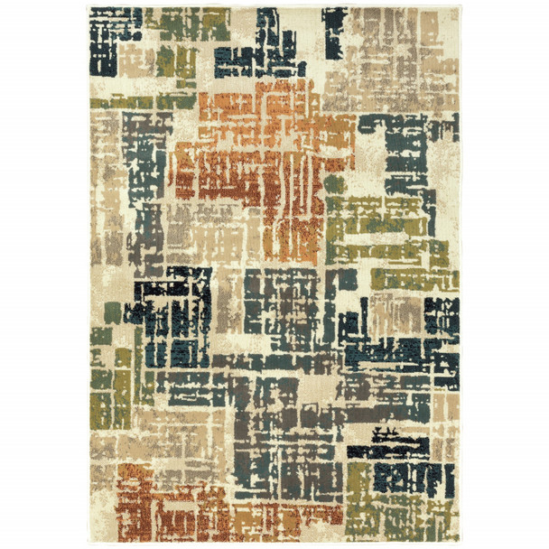 10' X 13' Beige Terracotta Green Navy And Grey Abstract Power Loom Stain Resistant Area Rug