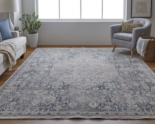 8' X 10' Blue And Ivory Floral Power Loom Stain Resistant Area Rug