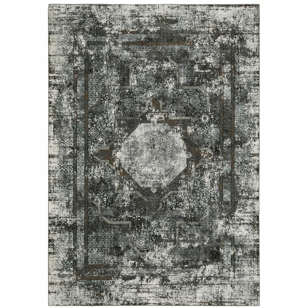 5' X 8' Charcoal Rust Grey Blue Ivory And Brown Oriental Power Loom Stain Resistant Area Rug