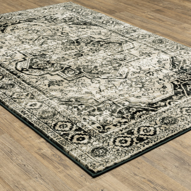10' X 13' Black Grey Tan And Ivory Oriental Power Loom Stain Resistant Area Rug