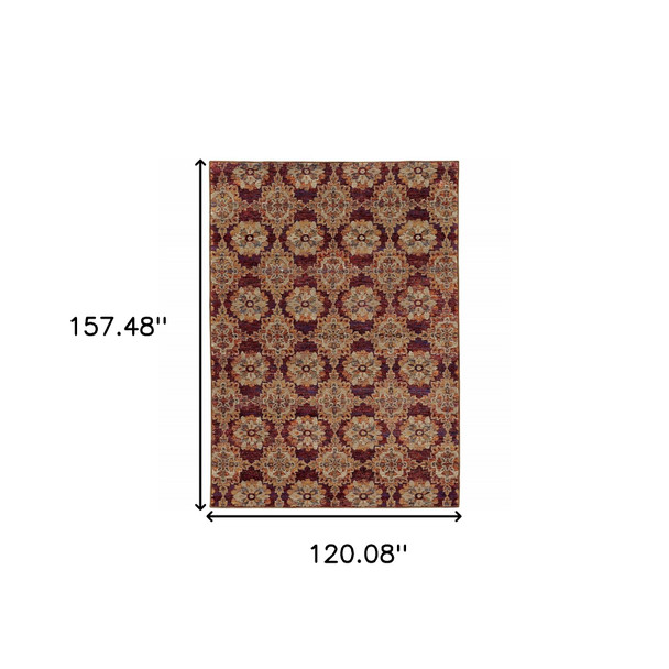 10' X 13' Red And Gold Oriental Power Loom Stain Resistant Area Rug