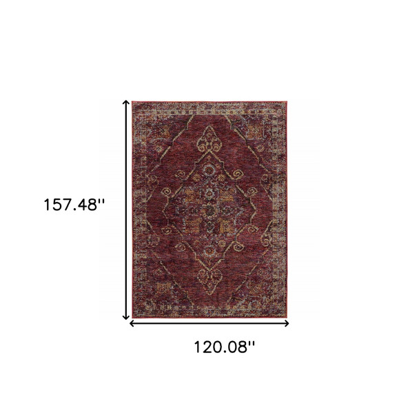 10' X 13' Red And Gold Oriental Power Loom Stain Resistant Area Rug