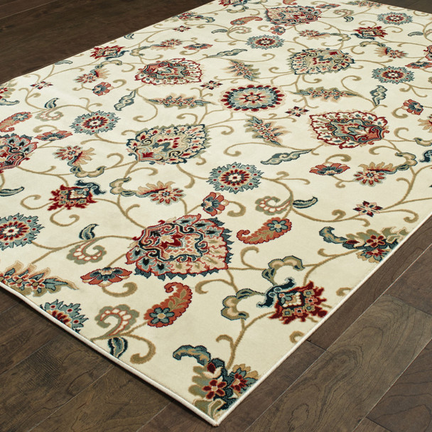 10' X 13' Ivory Green Blue Red Salmon And Yellow Floral Power Loom Stain Resistant Area Rug