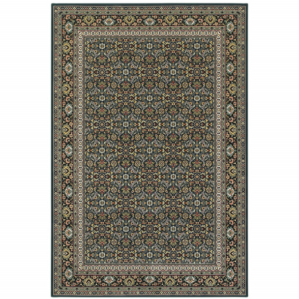 10' X 13' Navy Blue Green Red Ivory And Yellow Oriental Power Loom Stain Resistant Area Rug