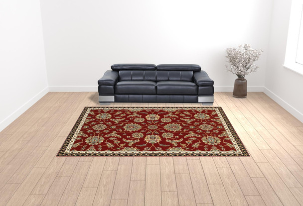 10' X 13' Red Black Blue Ivory Green And Salmon Oriental Power Loom Stain Resistant Area Rug