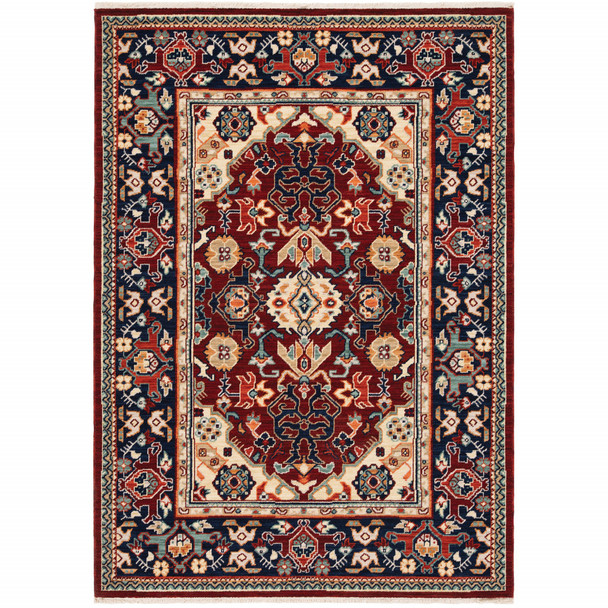 10' X 13' Red Blue Orange And Beige Oriental Power Loom Stain Resistant Area Rug With Fringe