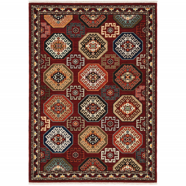 10' X 13' Red Blue Brown And Beige Oriental Power Loom Stain Resistant Area Rug With Fringe