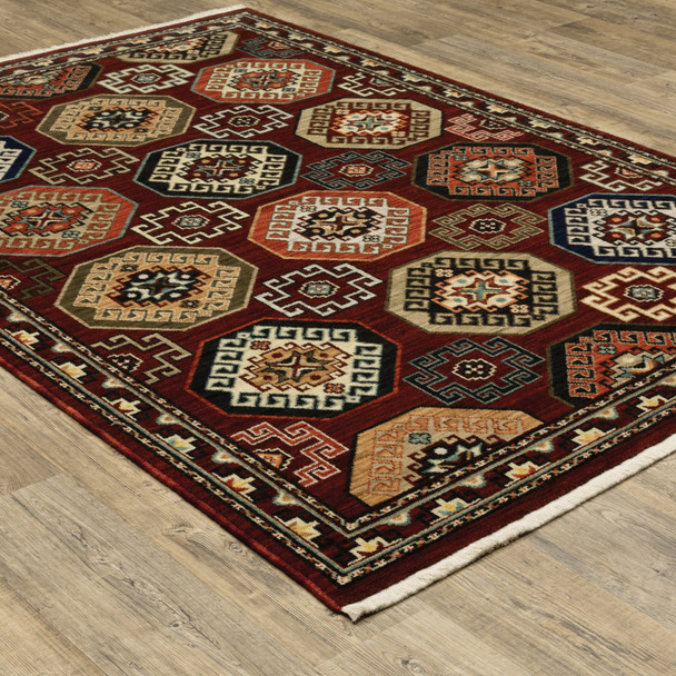 10' X 13' Red Blue Brown And Beige Oriental Power Loom Stain Resistant Area Rug With Fringe