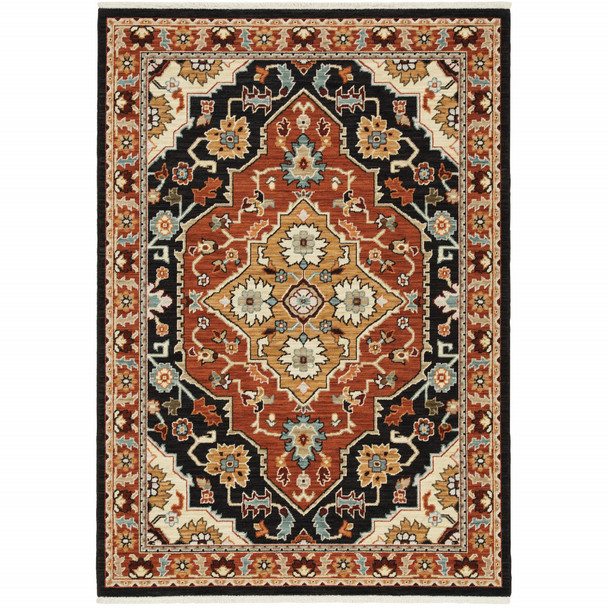 2' X 3' Black Orange And Beige Oriental Power Loom Stain Resistant Area Rug With Fringe