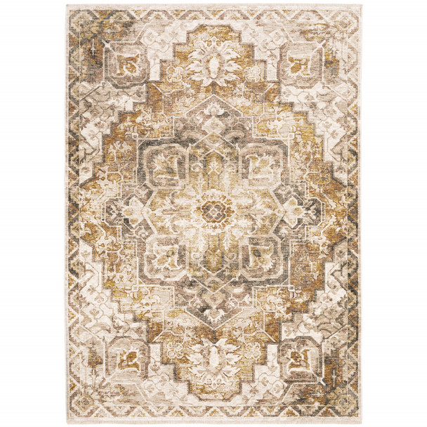 10' X 13' Gold And Ivory Oriental Power Loom Stain Resistant Area Rug With Fringe