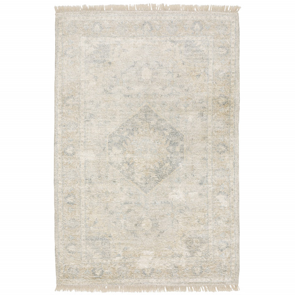 10' X 13' Beige And Grey Oriental Hand Loomed Stain Resistant Area Rug With Fringe