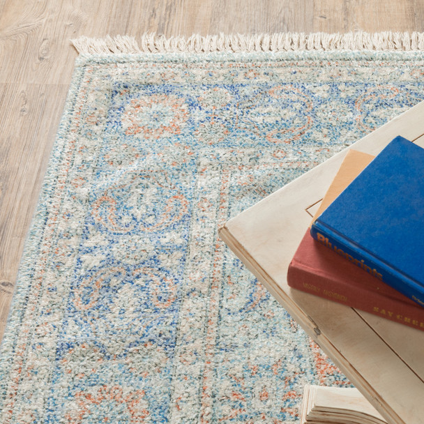 10' X 13' Blue And Red Oriental Hand Loomed Stain Resistant Area Rug With Fringe