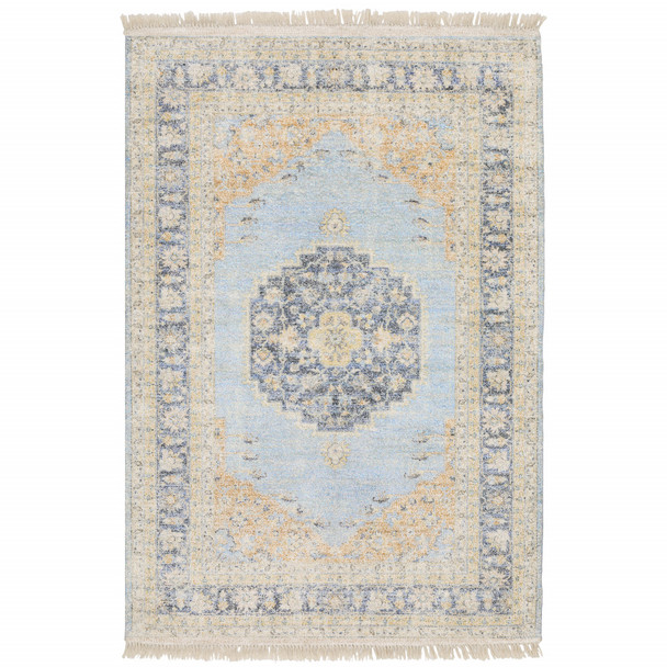 5' X 8' Blue And Beige Oriental Hand Loomed Stain Resistant Area Rug With Fringe