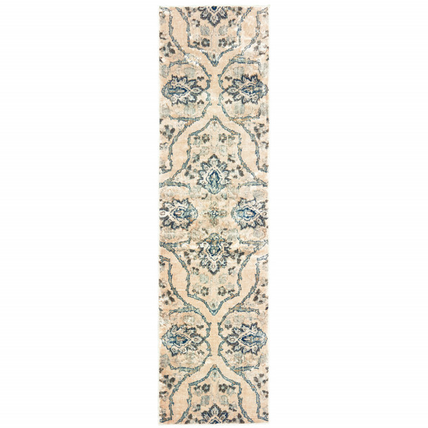 2' X 8' Ivory And Blue Floral Power Loom Stain Resistant Runner Rug