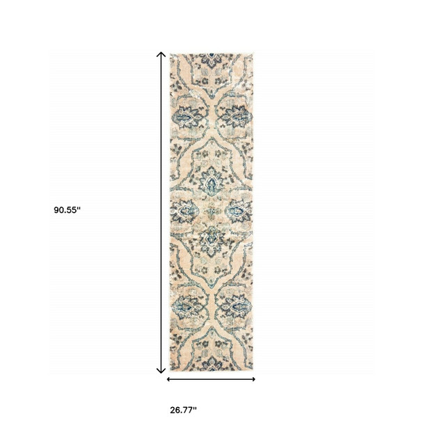 2' X 8' Ivory And Blue Floral Power Loom Stain Resistant Runner Rug