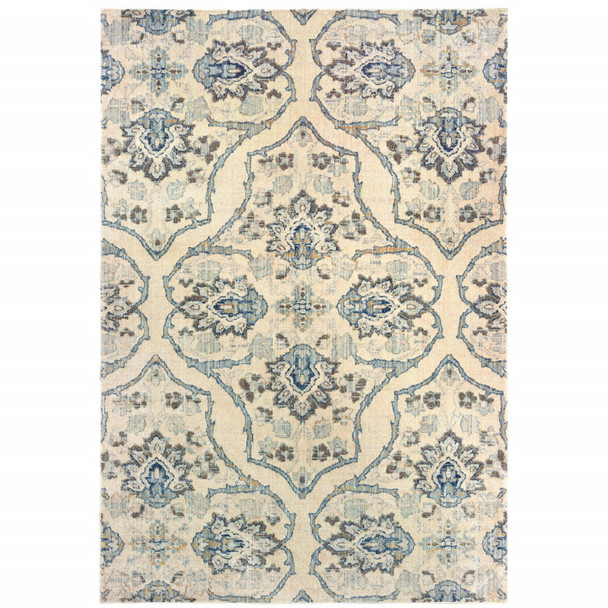 5' X 8' Ivory And Blue Floral Power Loom Stain Resistant Area Rug