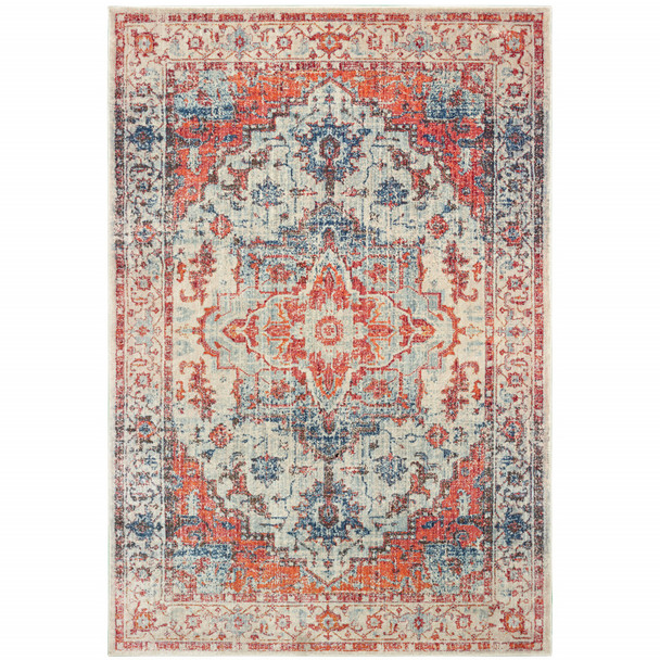 10' X 13' Blue And Orange Oriental Power Loom Stain Resistant Area Rug