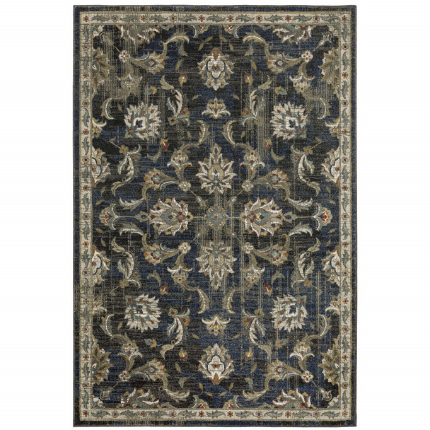 10' X 13' Charcoal Blue Gold Rust And Beige Oriental Power Loom Stain Resistant Area Rug