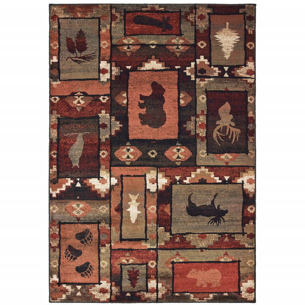 10' X 13' Brown Rust Berry Sage Green Gold And Ivory Southwestern Power Loom Stain Resistant Area Rug