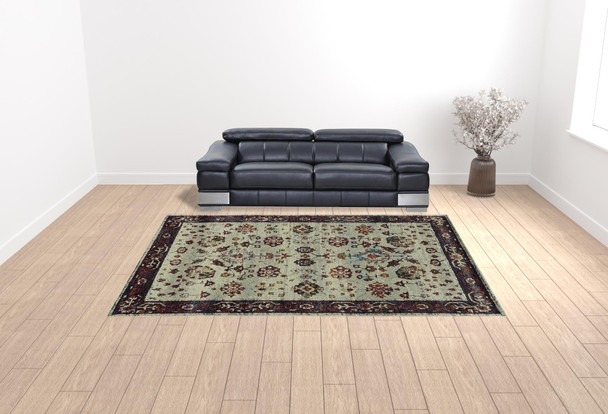 10' X 13' Stone And Red Oriental Power Loom Stain Resistant Area Rug