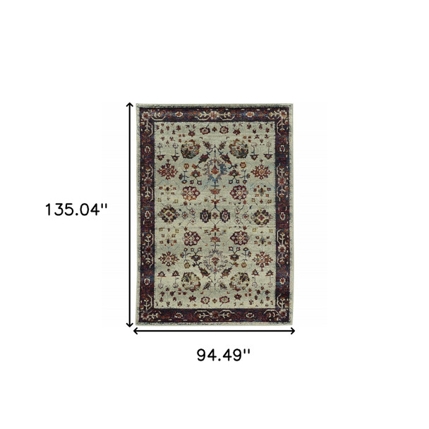 8' X 10' Stone And Red Oriental Power Loom Stain Resistant Area Rug