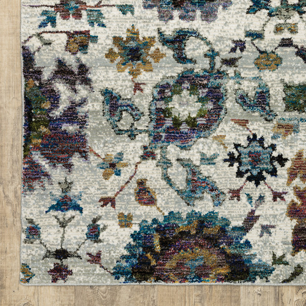 9' X 12' Stone Grey Purple Green Gold And Teal Oriental Power Loom Stain Resistant Area Rug