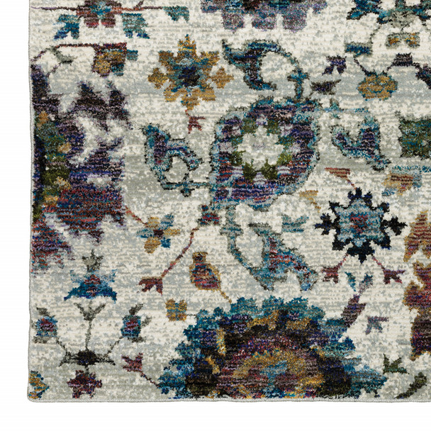 9' X 12' Stone Grey Purple Green Gold And Teal Oriental Power Loom Stain Resistant Area Rug