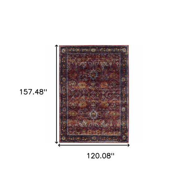 10' X 13' Red Purple Gold And Grey Oriental Power Loom Stain Resistant Area Rug