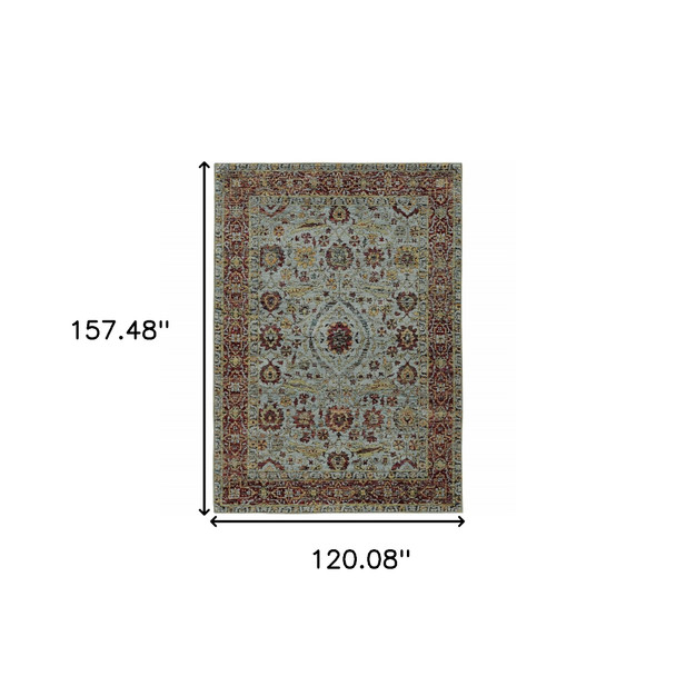 10' X 13' Blue Red Green And Gold Oriental Power Loom Stain Resistant Area Rug