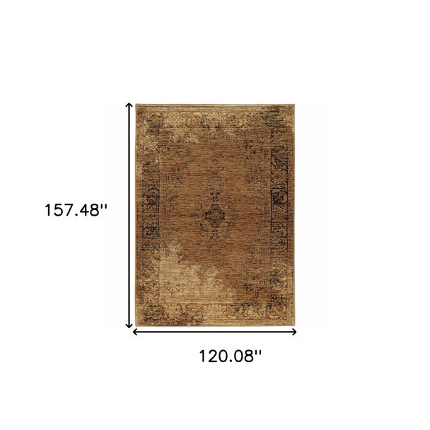 10' X 13' Gold And Brown Oriental Power Loom Stain Resistant Area Rug