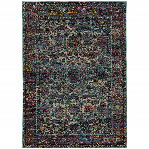 10' X 13' Blue And Purple Oriental Power Loom Stain Resistant Area Rug