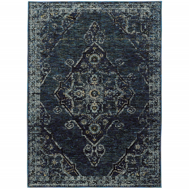 10' X 13' Blue And Brown Oriental Power Loom Stain Resistant Area Rug