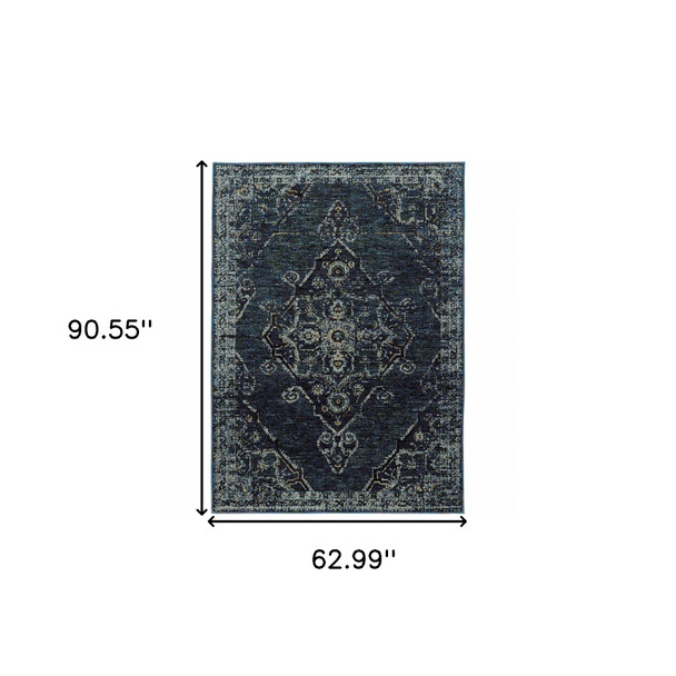 5' X 7' Blue And Brown Oriental Power Loom Stain Resistant Area Rug