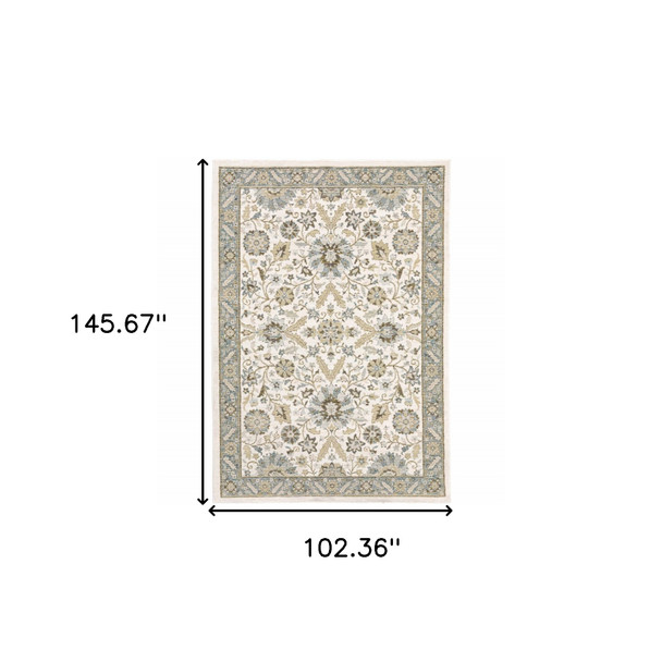 9' X 12' Stone Grey Ivory Green Brown Teal And Light Blue Oriental Power Loom Stain Resistant Area Rug