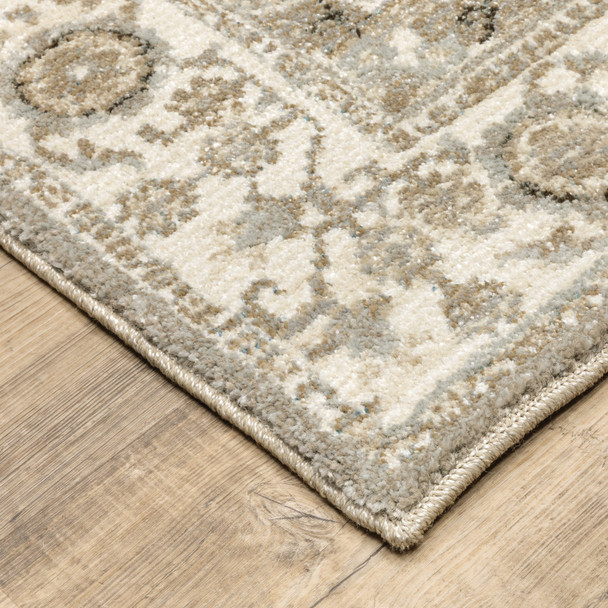 10' X 13' Grey Ivory Tan Brown And Gold Oriental Power Loom Stain Resistant Area Rug