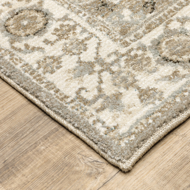 2' X 8' Grey Ivory Tan Brown And Gold Oriental Power Loom Stain Resistant Runner Rug