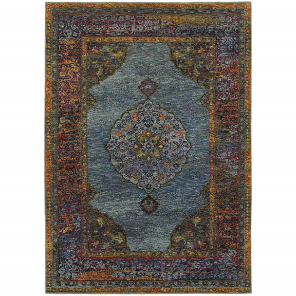 10' X 13' Blue Gold Green Red Orange And Purple Oriental Power Loom Stain Resistant Area Rug