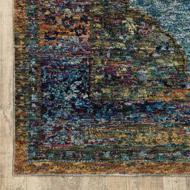 10' X 13' Blue Gold Green Red Orange And Purple Oriental Power Loom Stain Resistant Area Rug
