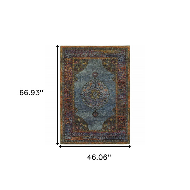 3' X 5' Blue Gold Green Red Orange And Purple Oriental Power Loom Stain Resistant Area Rug