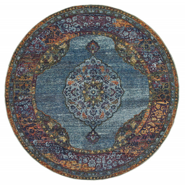 8' Blue Gold Green Red Orange And Purple Round Oriental Power Loom Stain Resistant Area Rug