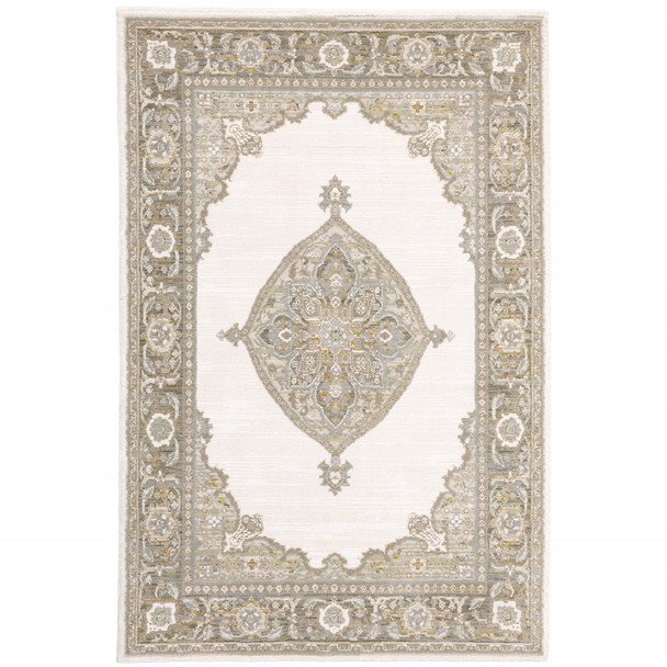10' X 13' Beige Ivory Tan Gold Grey And Green Oriental Power Loom Stain Resistant Area Rug