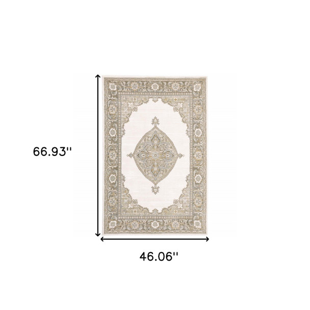 3' X 5' Beige Ivory Tan Gold Grey And Green Oriental Power Loom Stain Resistant Area Rug