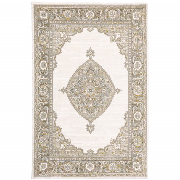 5' X 7' Beige Ivory Tan Gold Grey And Green Oriental Power Loom Stain Resistant Area Rug