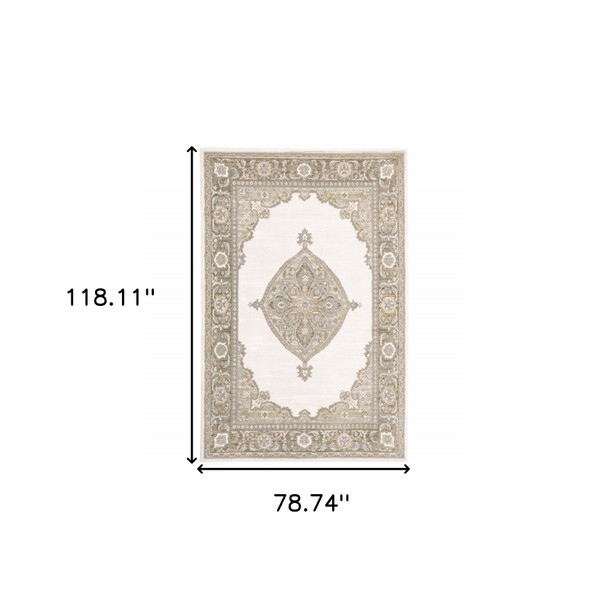 6' X 9' Beige Ivory Tan Gold Grey And Green Oriental Power Loom Stain Resistant Area Rug