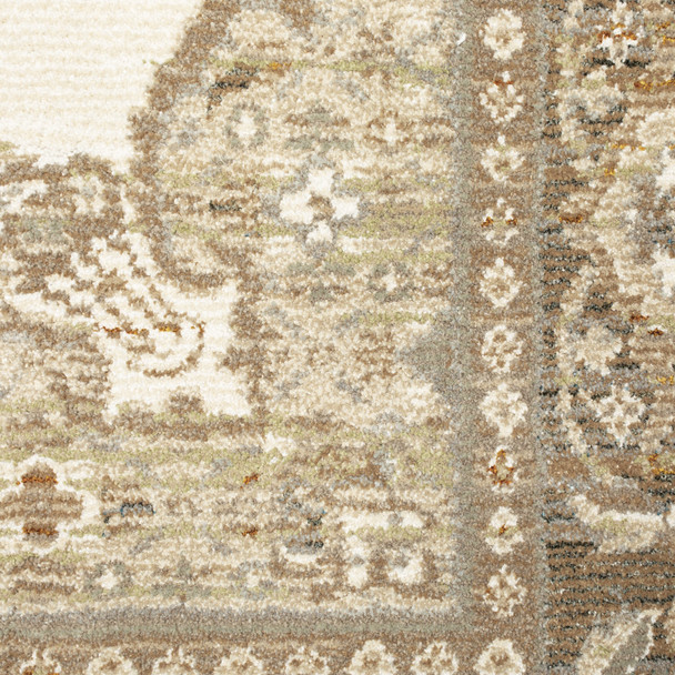 9' X 12' Beige Ivory Tan Gold Grey And Green Oriental Power Loom Stain Resistant Area Rug